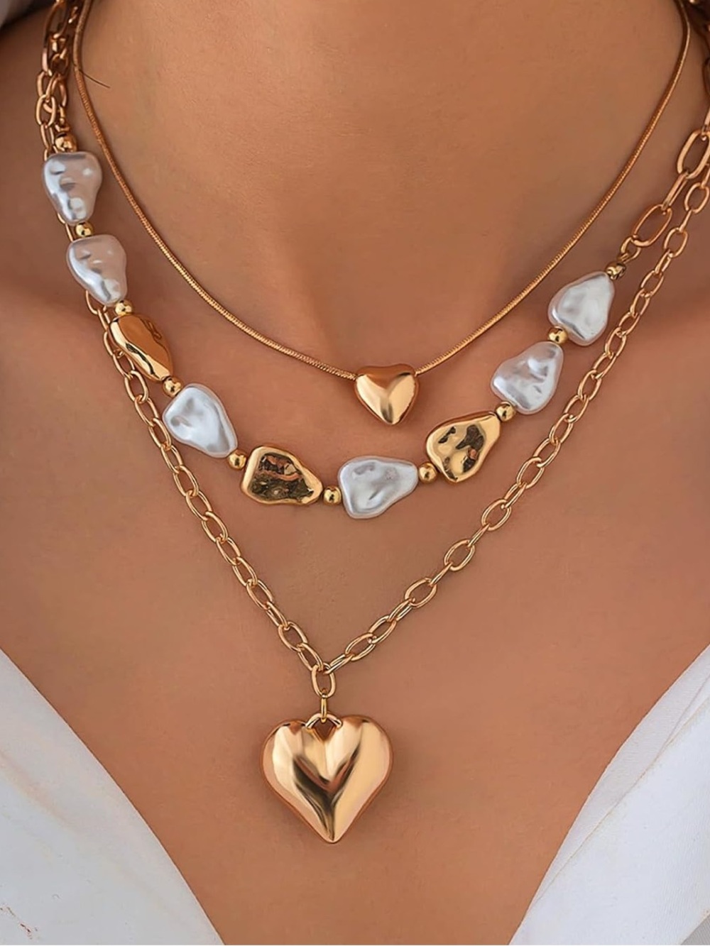 Anthropologie Gold Layered Heart and Pearl Necklace